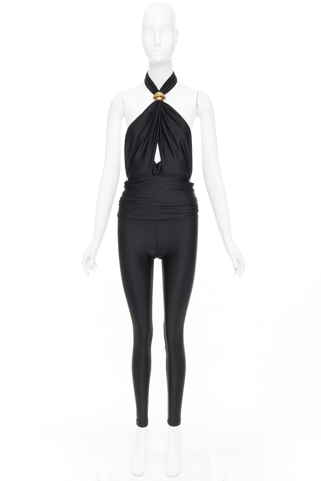 SAINT LAURENT 2022 Runway black gold metal brooch halter cutout jumpsuit Sz1 XS