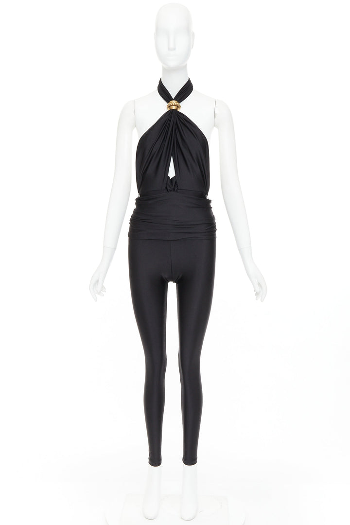 SAINT LAURENT 2022 Runway black gold metal brooch halter cutout jumpsuit Sz1 XS