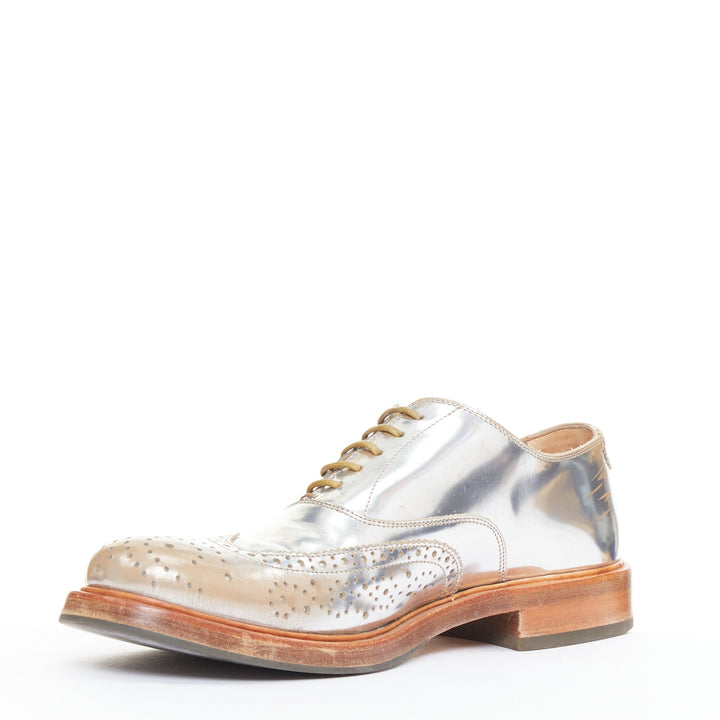 ALEXANDER MCQUEEN distressed silver leather perforated wingtip brogue shoes EU43