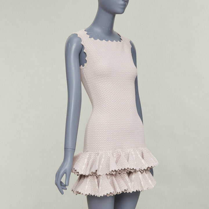 ALAIA  2011 pink beige textured dot weave scalloped ruffle mermaid dress FR36 S
