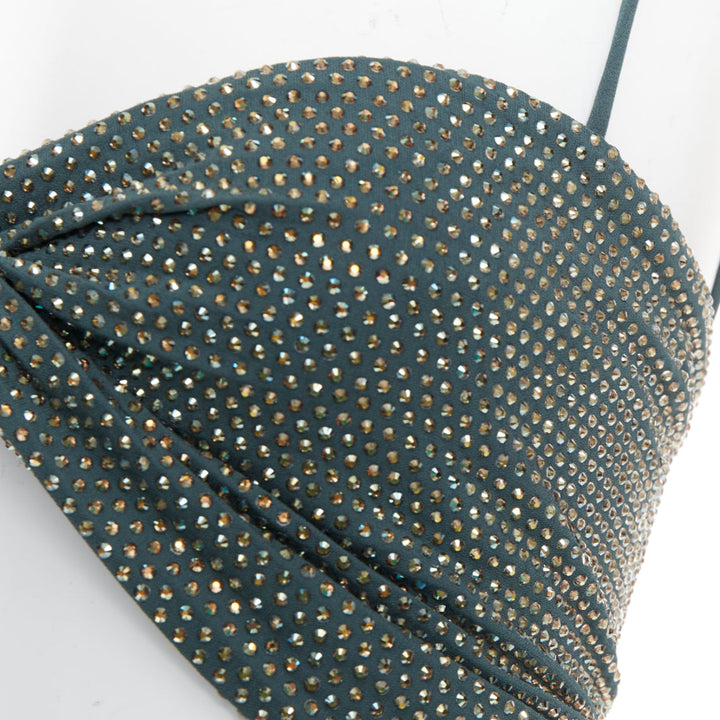 ALEXANDRE VAUTHIER Sage green strass crystal encrusted twist cropped top