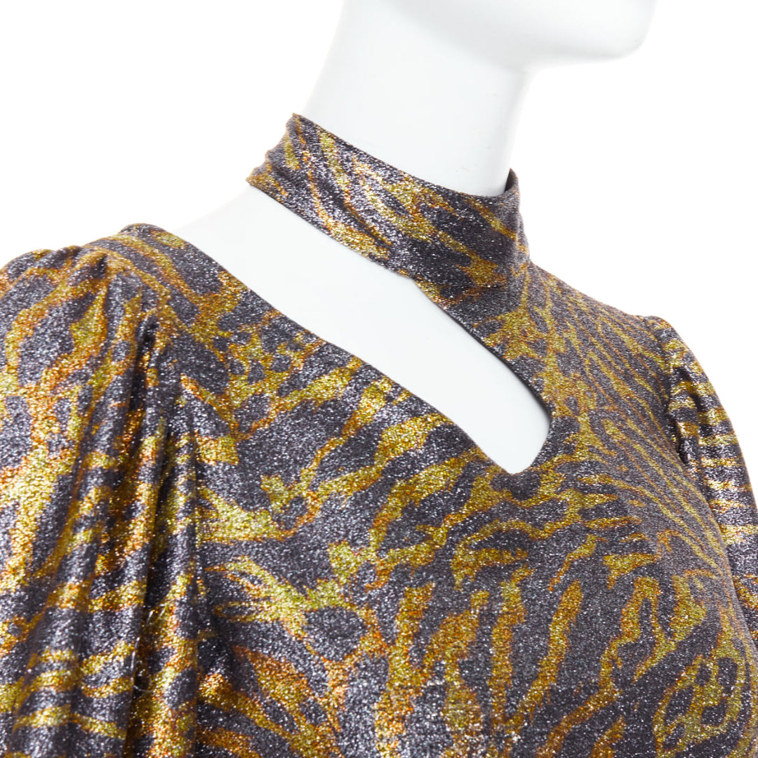 GANNI gold metallic tiger lurex lame puff sleeve cut out top FR36 S