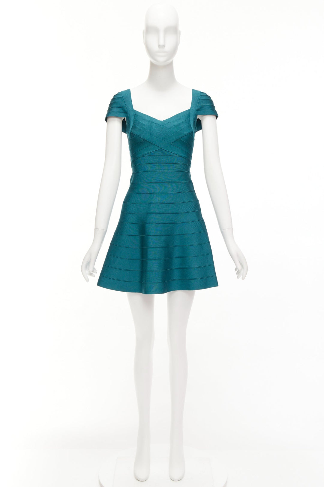 HERVE LEGER teal green cap sleeve sweetheart fit flare bandage dress S HERVE LEGER teal green cap sleeve sweetheart fit flare bandage dress S