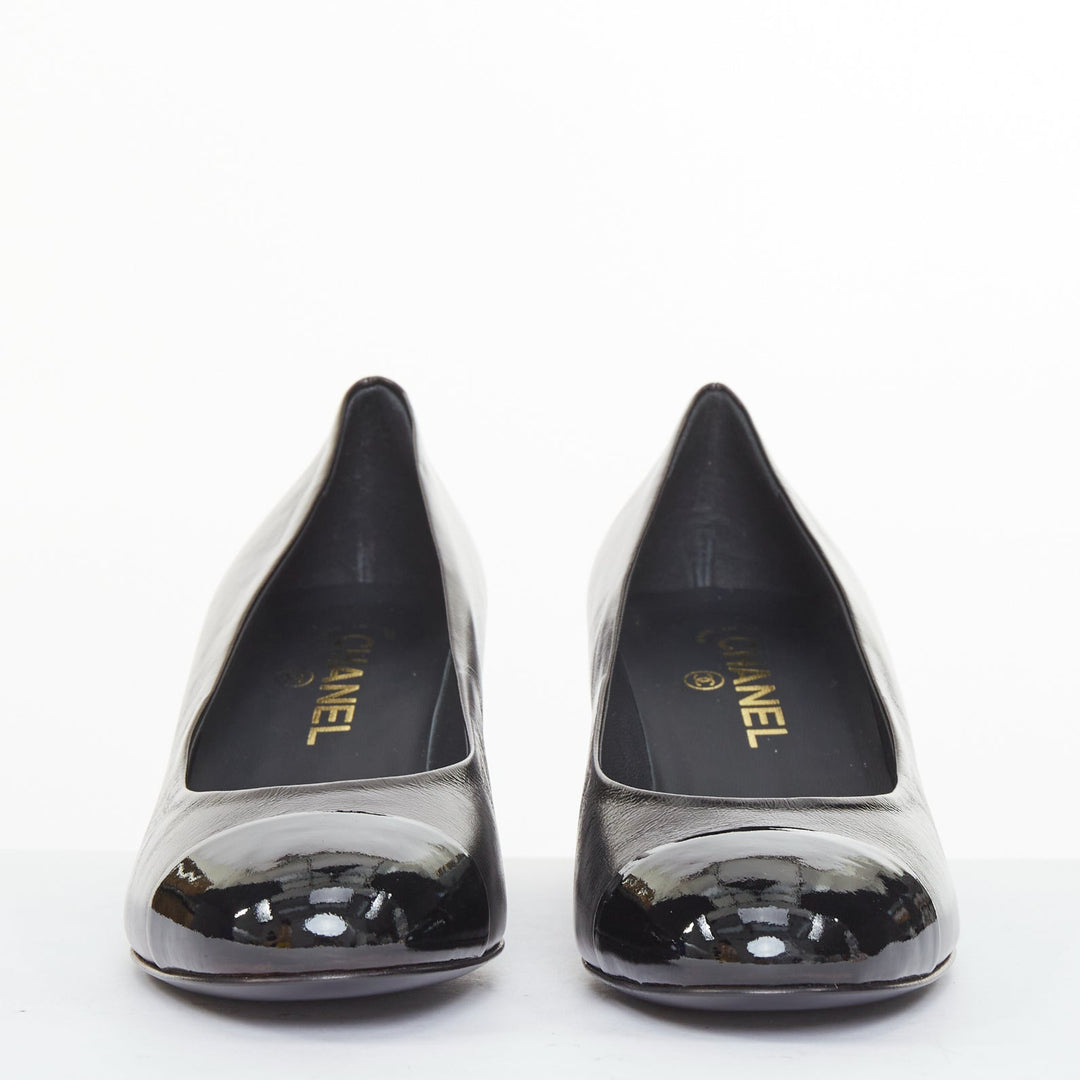 CHANEL 2021 black leather patent cap toe gold camellia block heel pumps EU39C