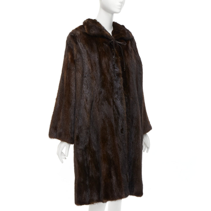 UNLABELLED dark brown genuine fur tie collar longline long sleeve jacket coat
