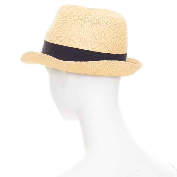 CHANEL beige straw raffia grosgrain ribbon CC logo trilby hat L