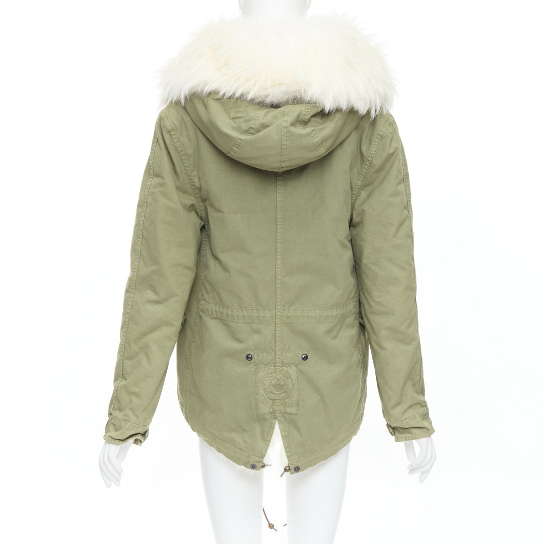 MR AND MRS ITALY  white fur lined hooded military green parka coat XXS