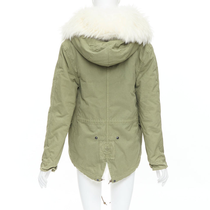 MR AND MRS ITALY  white fur lined hooded military green parka coat XXS