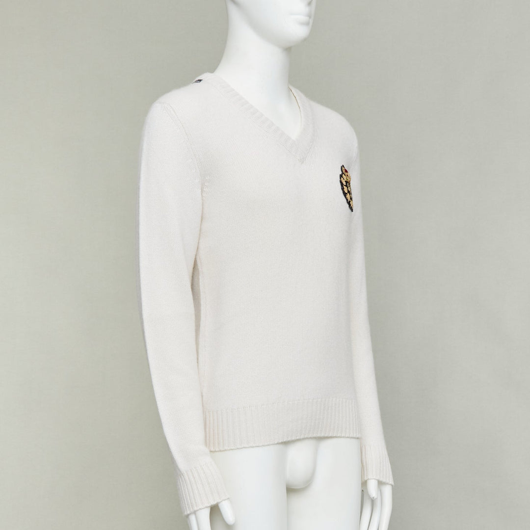 DOLCE GABBANA cream cashmere gold varsity badge v-neck sweater IT46 S