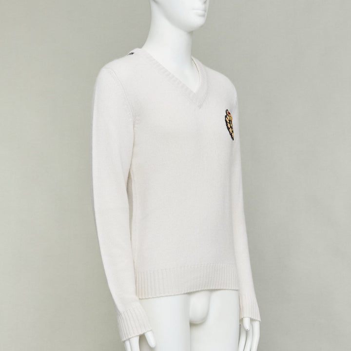 DOLCE GABBANA cream cashmere gold varsity badge v-neck sweater IT46 S