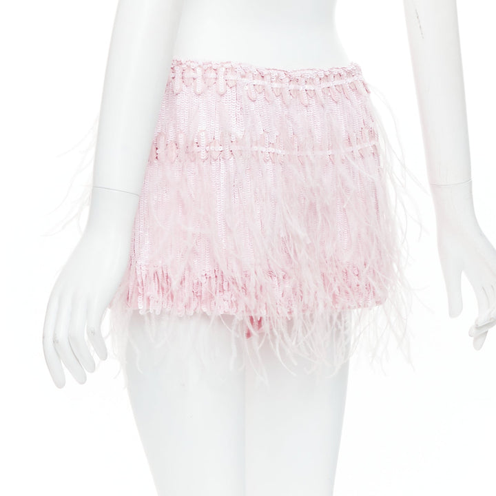 VALENTINO 2023 baby pink silk sequin ostrich feather mini skirt IT40 S