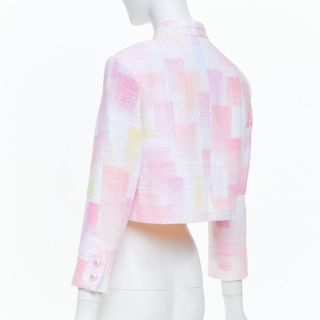 CHANEL 2023 Runway pastel pink painted check pearl button crop tweed jacket FR36