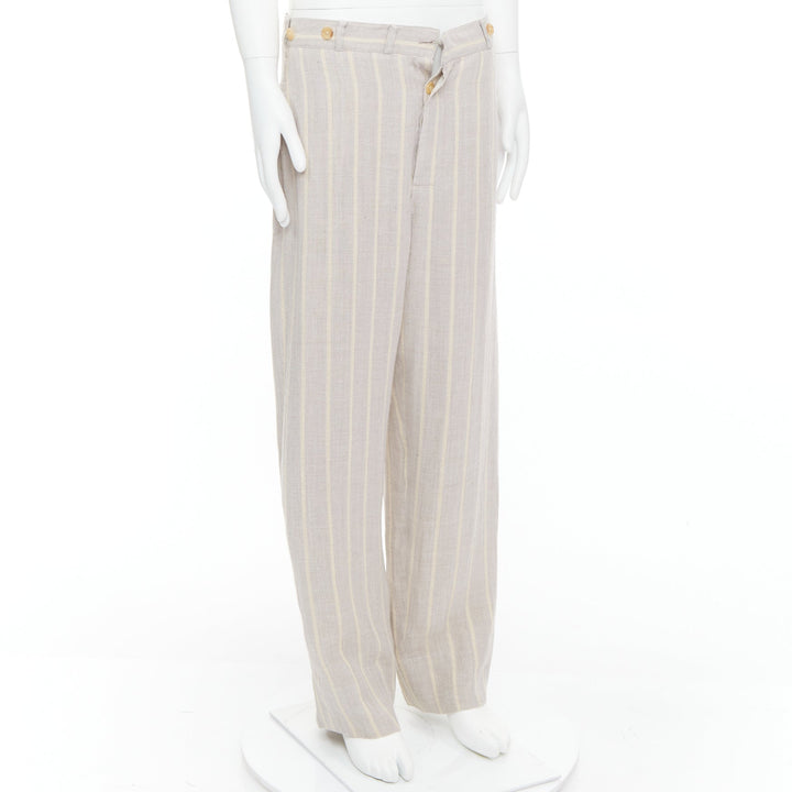 YOHJI YAMAMOTO grey yellow striped rayon linen button waist wide pants M