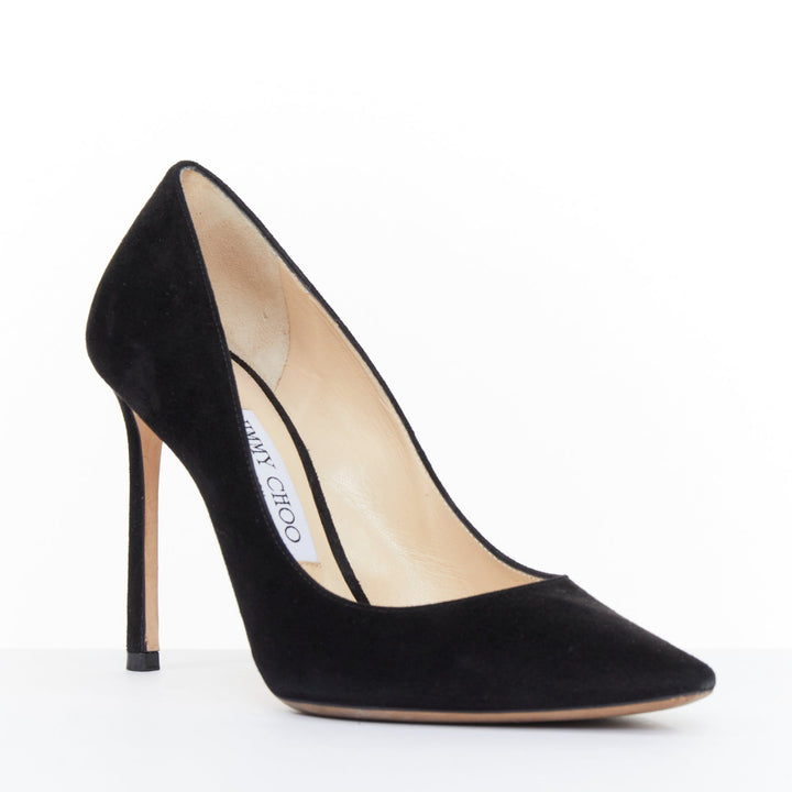 JIMMY CHOO Romy 100 classic black calf suede pointed toe stiletto pumps EU36 US6