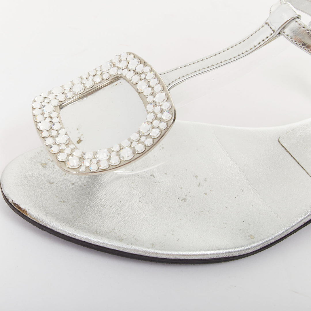 ROGER VIVIER silver crystal buckle metallic leather tstrap sandals EU37