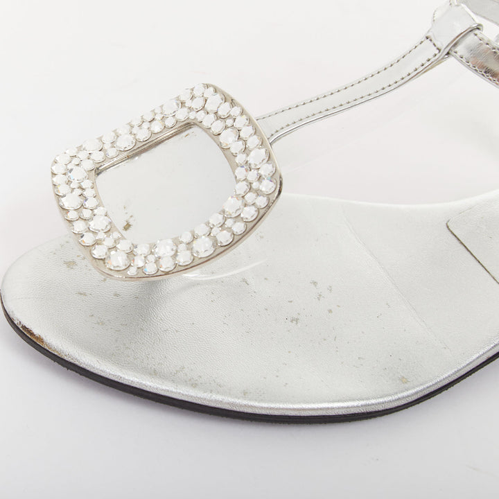 ROGER VIVIER silver crystal buckle metallic leather tstrap sandals EU37