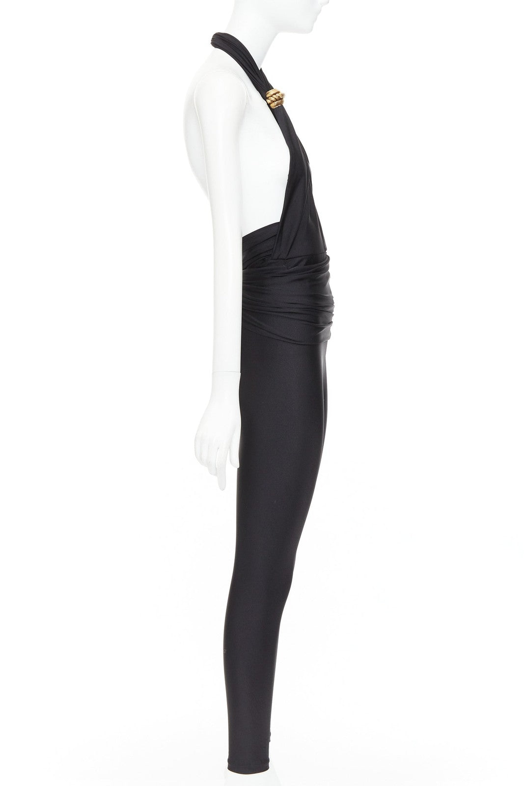 SAINT LAURENT 2022 Runway black gold metal brooch halter cutout jumpsuit Sz.1 XS
