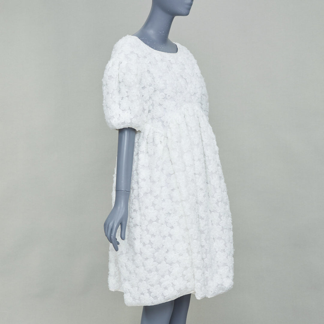 CECILIE BAHNSEN white textured floral puffy short sleeve babydoll dress UK8 S