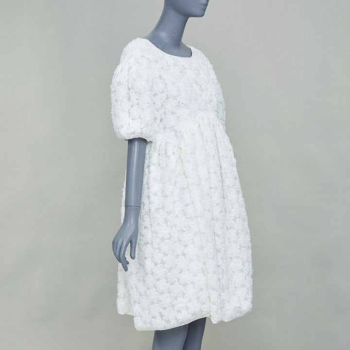 CECILIE BAHNSEN white textured floral puffy short sleeve babydoll dress UK8 S