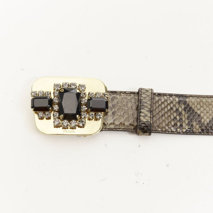 PRADA black rhinestone jewel crystal gold buckle green leather belt 90cm 38"