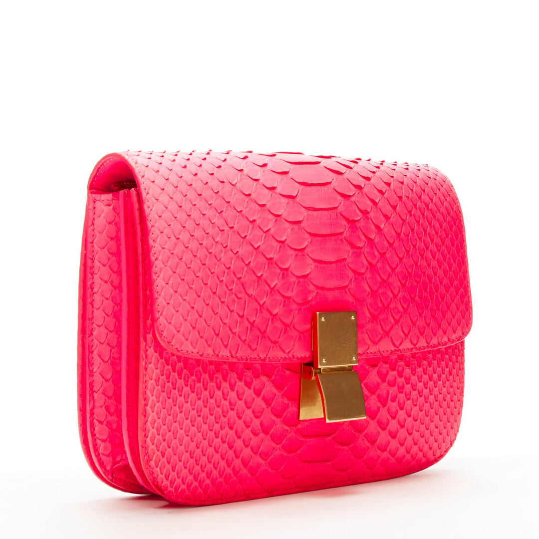 OLD CELINE Medium Classic Box Bag neon pink scaled leather flap crossbody