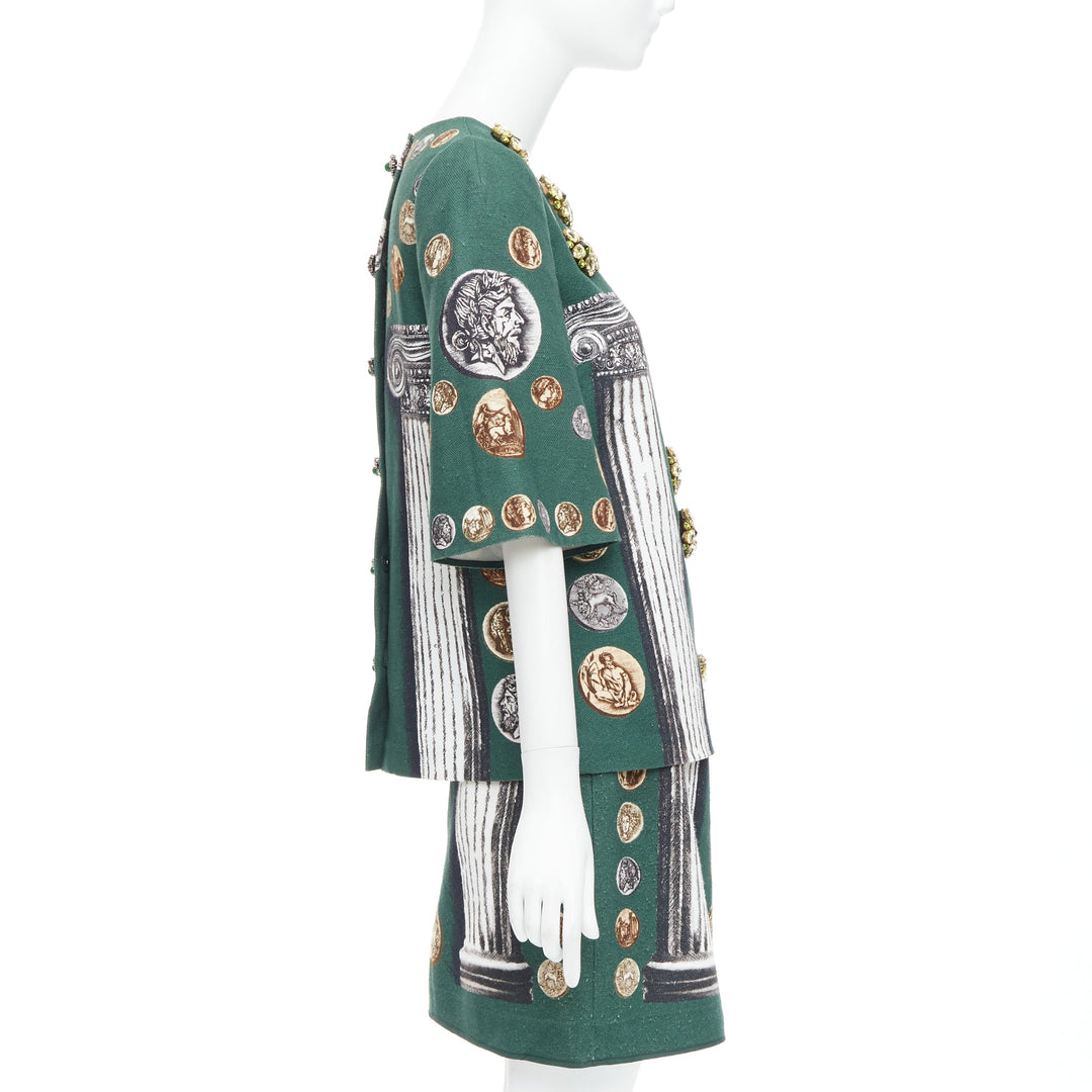 DOLCE GABBANA 2014 Runway green roman coin column bejeweled skirt set IT38 XS