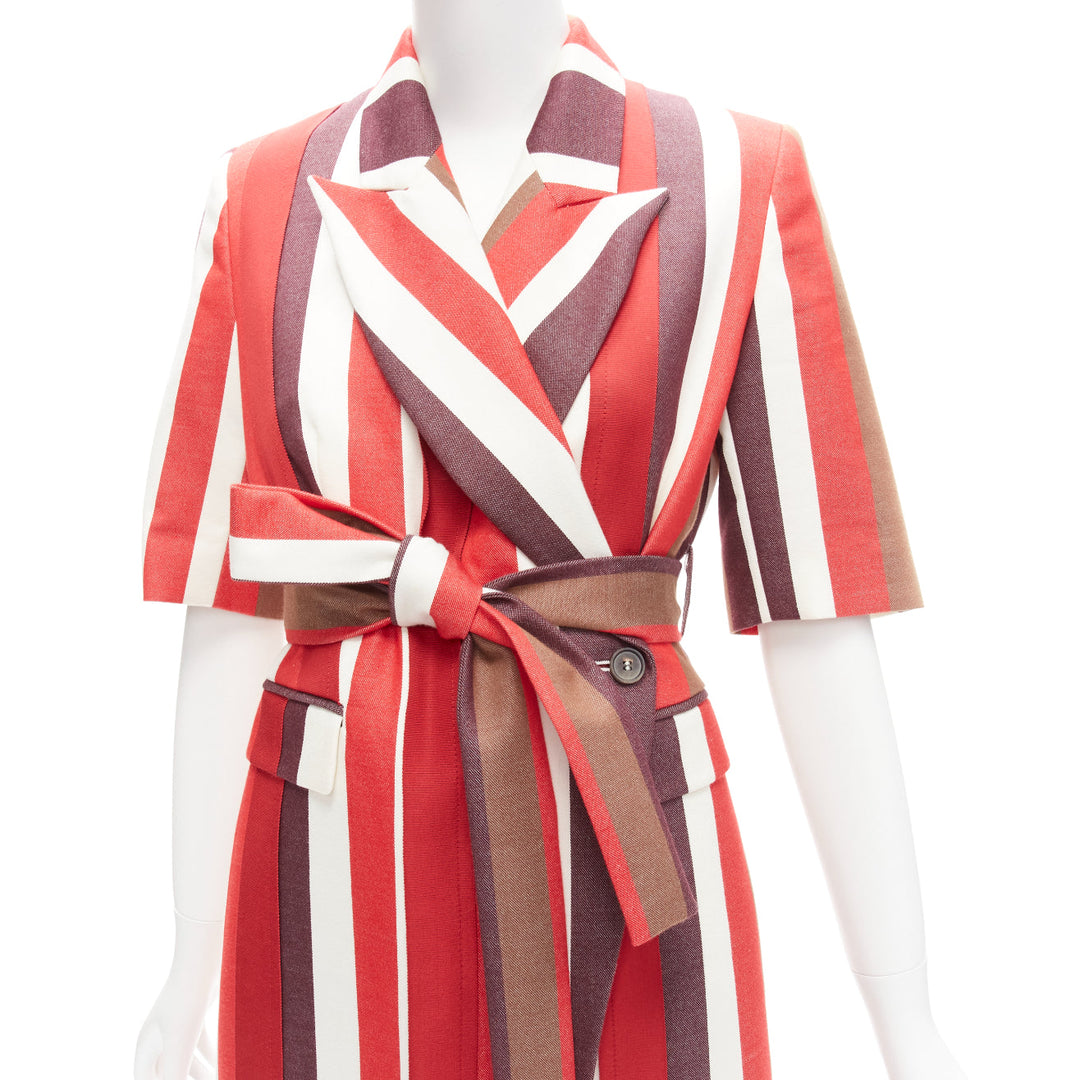 FRENKEN red bold graphic stripes cotton tie belt long coat IT34 XXS