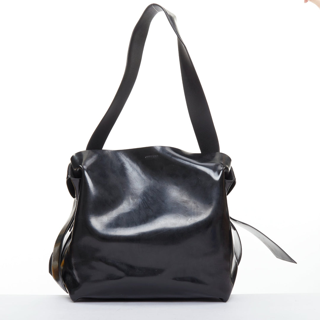 ACNE STUDIOS Musubi glossy black leather bow side shoulder hobo bag