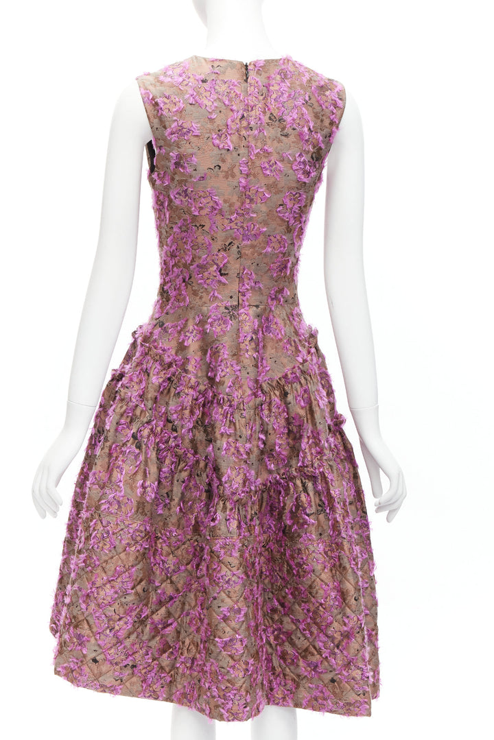 ANAIS JOURDEN pink brown floral cloque jacquard dropped waist dress FR38 M