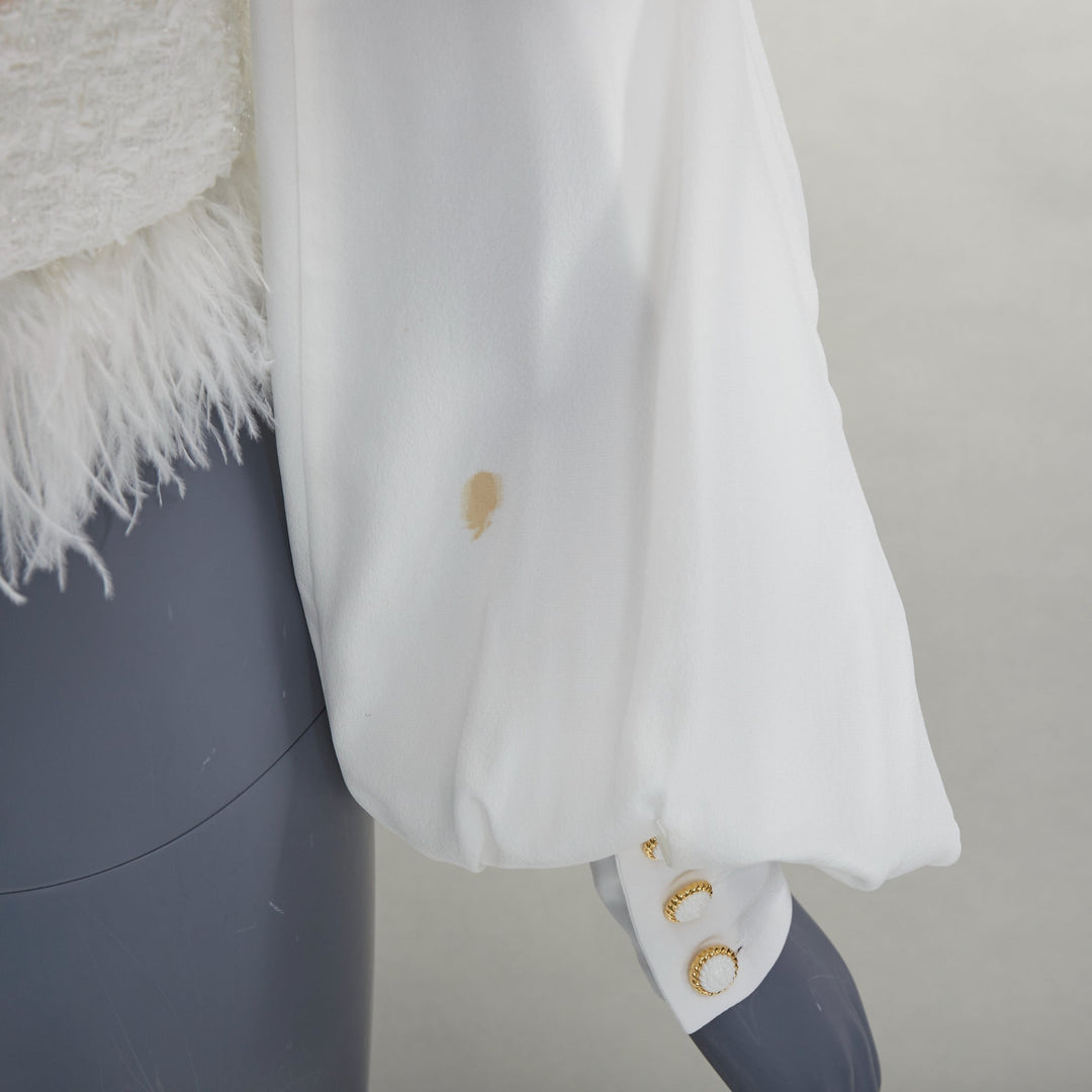 BALMAIN 2024 cream tweed silk sleeves gold lion buttons feather jacket FR36 S