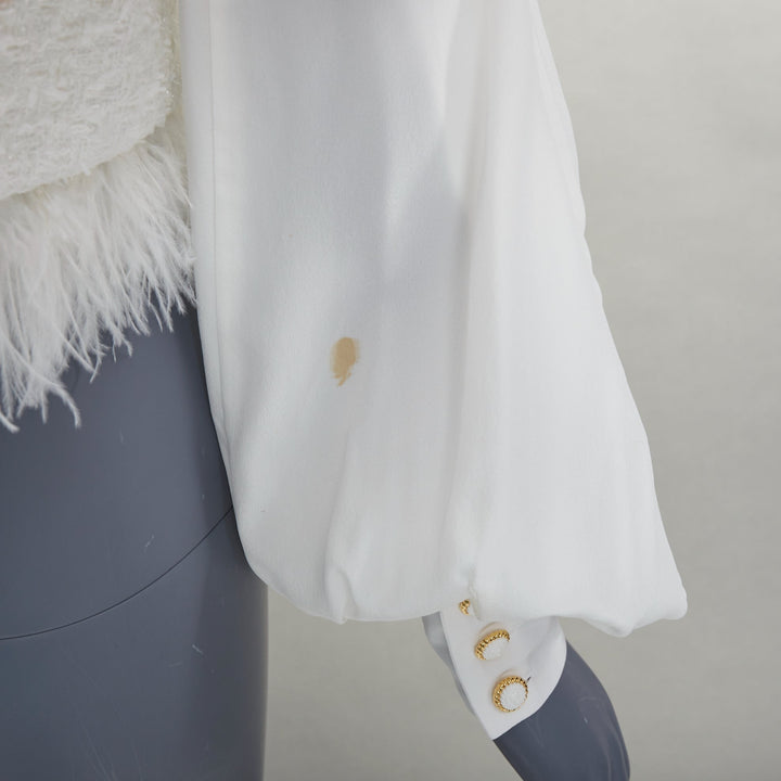 BALMAIN 2024 cream tweed silk sleeves gold lion buttons feather jacket FR36 S