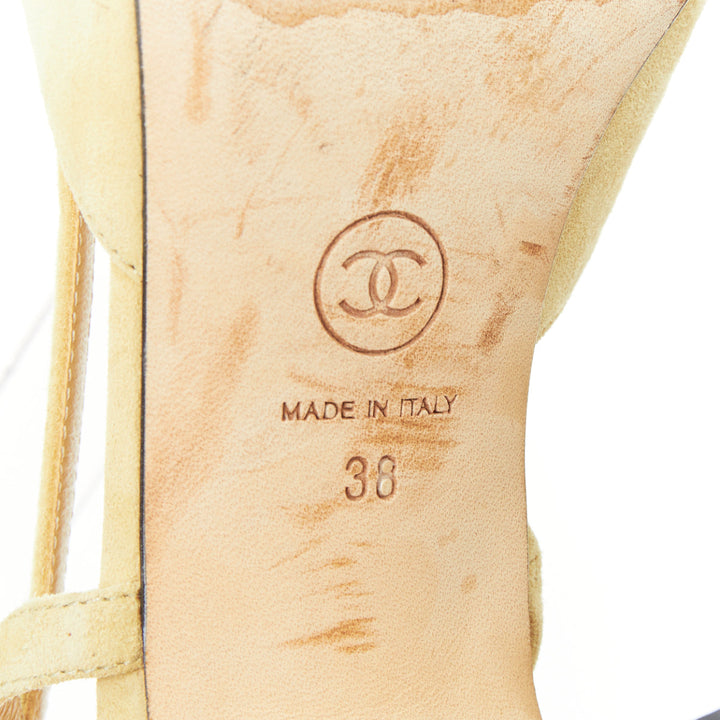 CHANEL Runway beige suede black grosgrain cap toe slip on slingback pumps EU38
