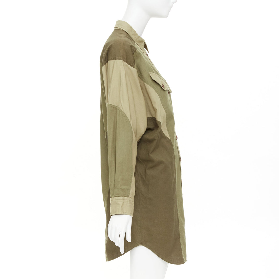 ISABEL MARANT ETOILE khaki green cotton patchwork batwing shirt dress FR36 S