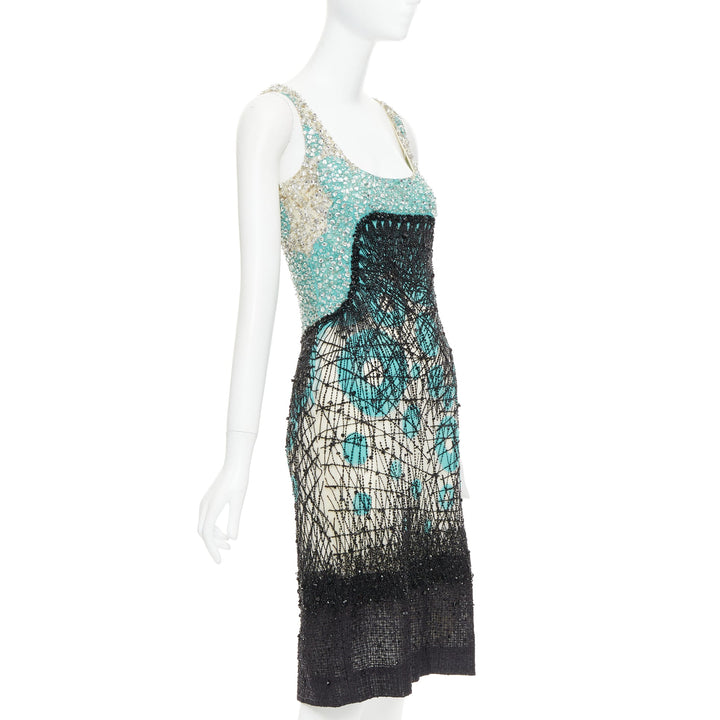 CAROLINA HERRERA teal green cream black silk fully beaded crystal dress US2 S