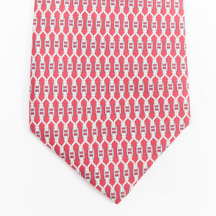 HERMES 7199 UA red grey signature H chain lock print silk tie