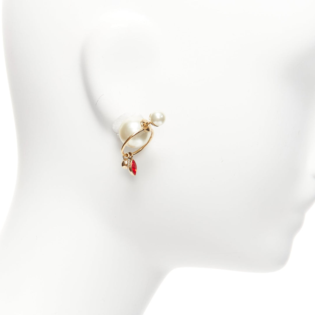 DIOR Tribale double pearl red clear crystal droplets hoop stud earrings pair