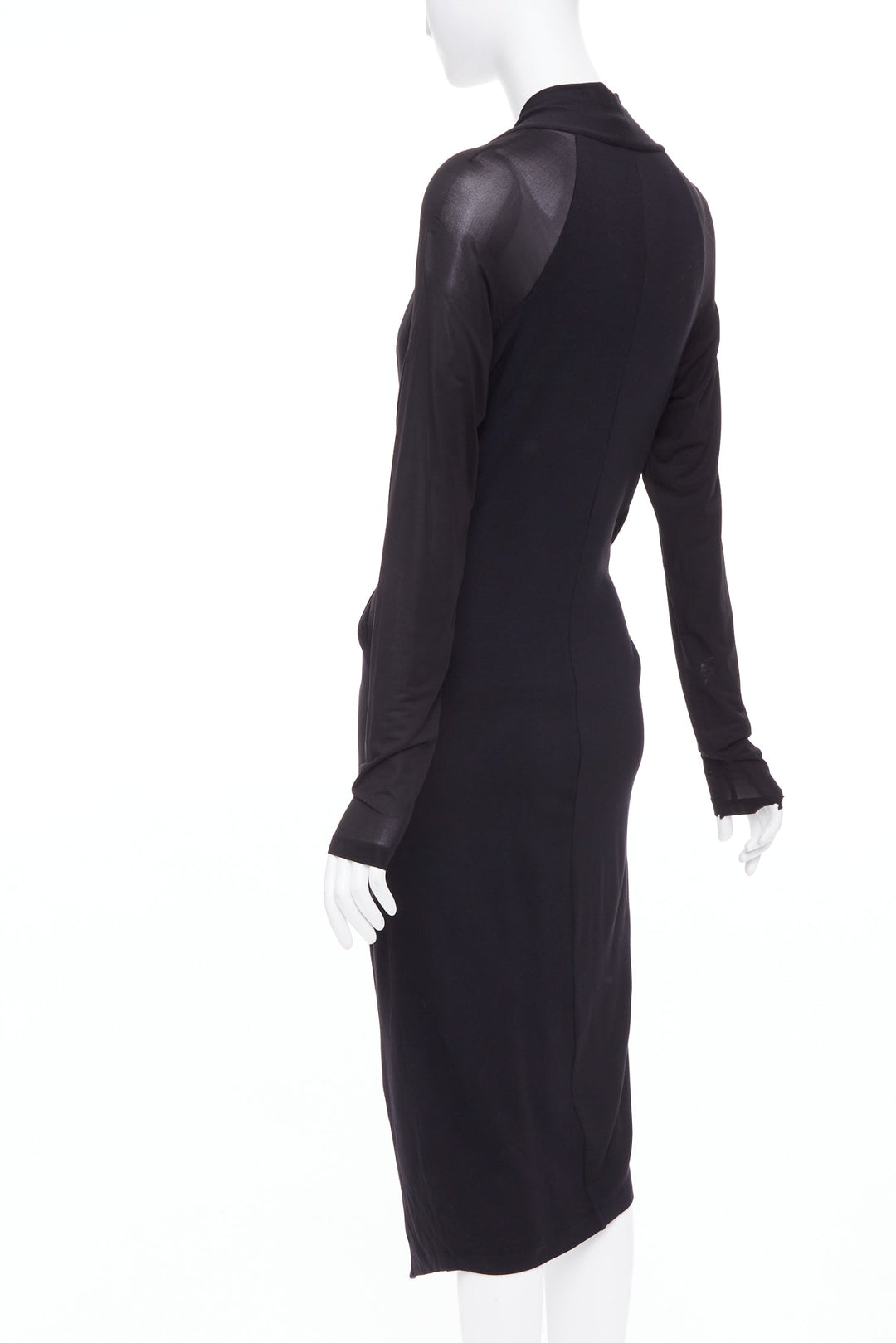 DONNA KARAN black jersey sheer mesh raglan drape plunge high low dress L