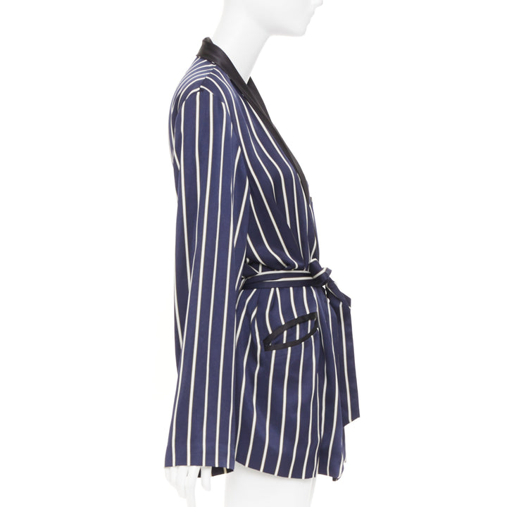 RAEY navy white stripe silk trim belted kimono smoking pajama tux jacket UK8 S