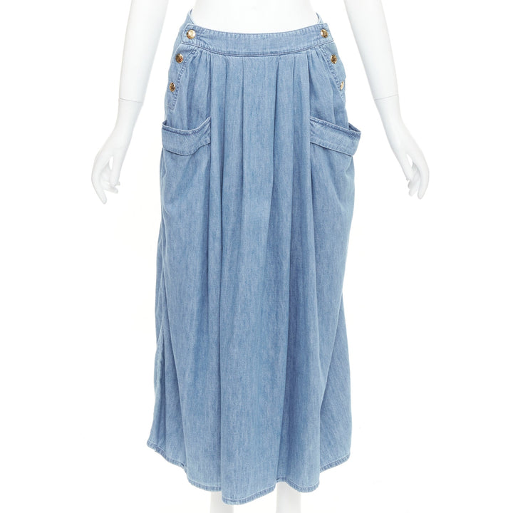 CELINE light blue cotton washed denim gold triomphe logo button midi skirt 27"