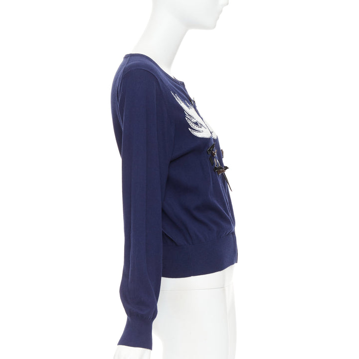 TOGA ARCHIVES PULLA Swallow Anglais navy cotton black leather cardigan IT40 S