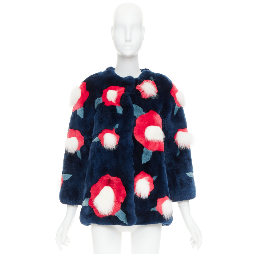 YVES SALOMON KIDS navy rabbit mink floral patchwork coat Yr10 XS