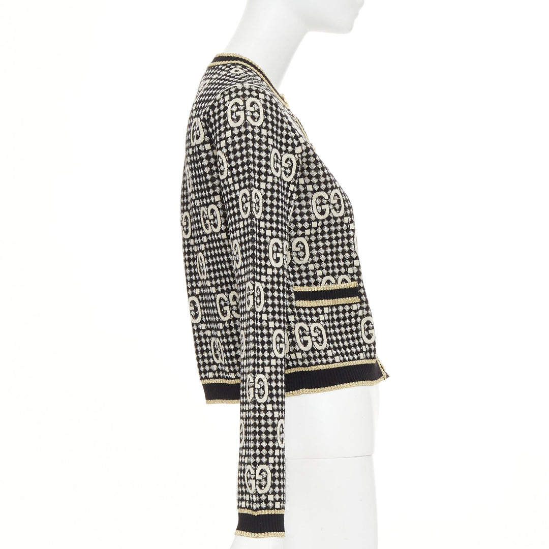 GUCCI 2019 GG Diamond black gold wool blend metallic web cropped cardigan XS