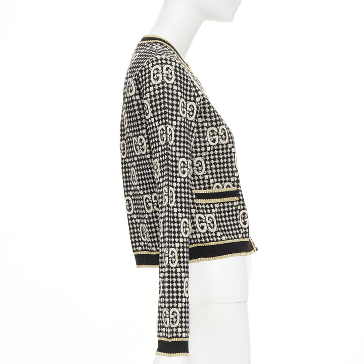 GUCCI 2019 GG Diamond black gold wool blend metallic web cropped cardigan XS