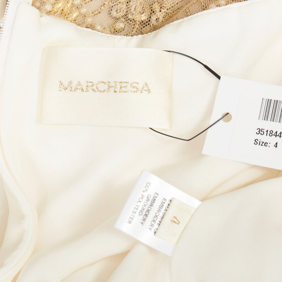 MARCHESA 2012 Runway ivory silk gold beads embellished off shoulder dress US4 S