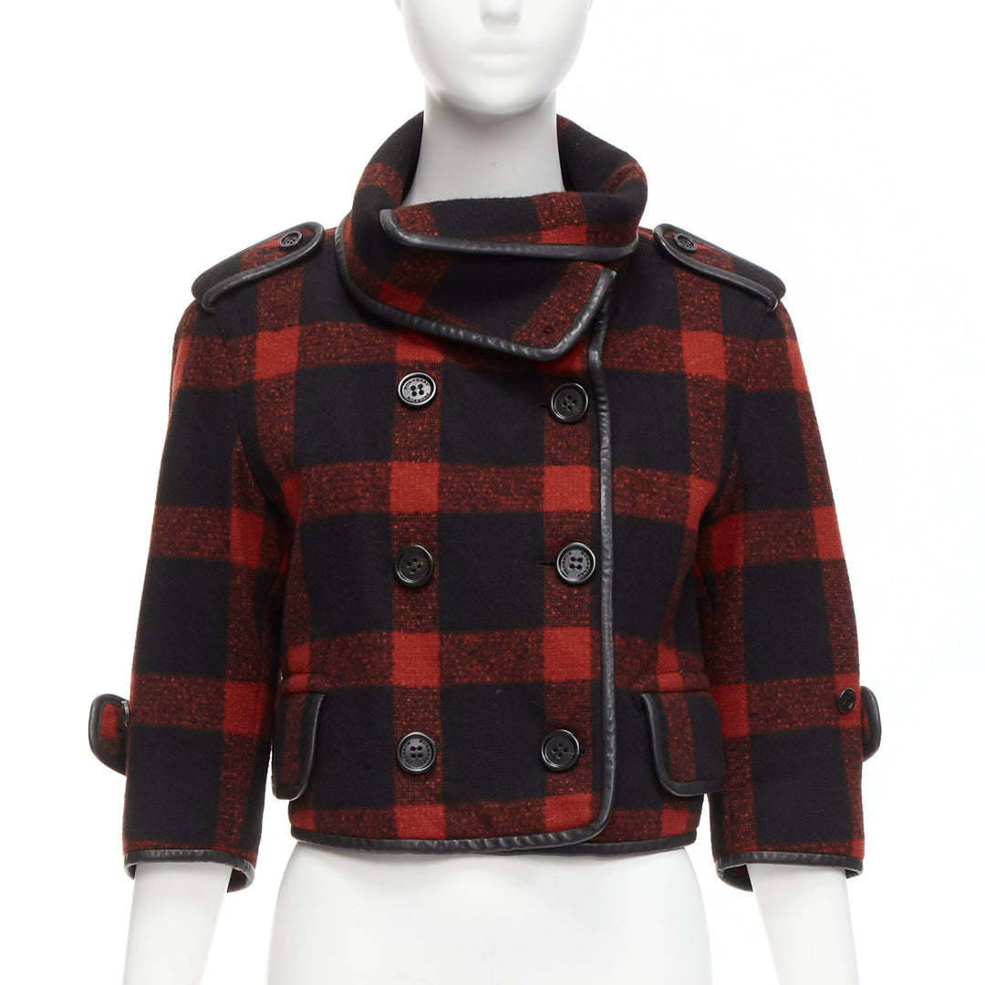 BURBERRY Runway red black wool plaid check leather trim cropped trench IT36 XXS