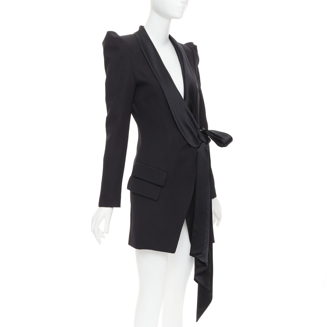 ALEXANDRE VAUTHIER puff sleeve belted tuxedo plunge self tie mini dress FR34 XS