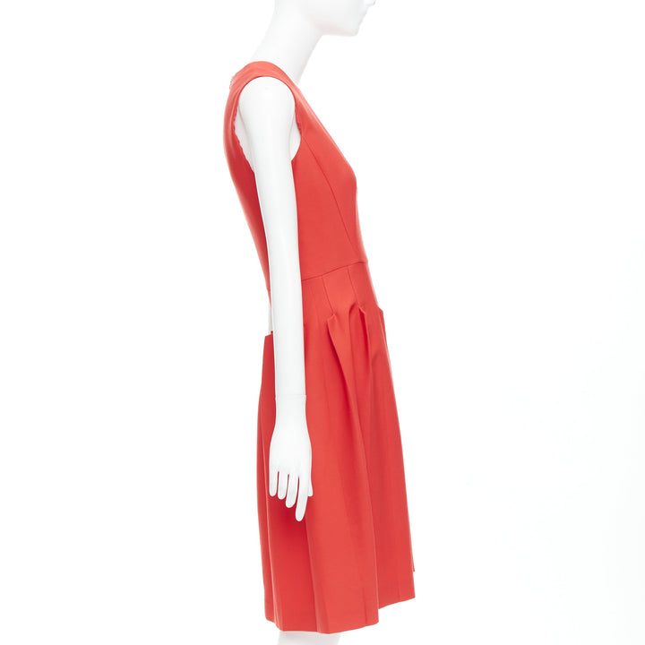 BOTTEGA VENETA red 100% vrigin wool 3D pleated crew neck fit flare dress