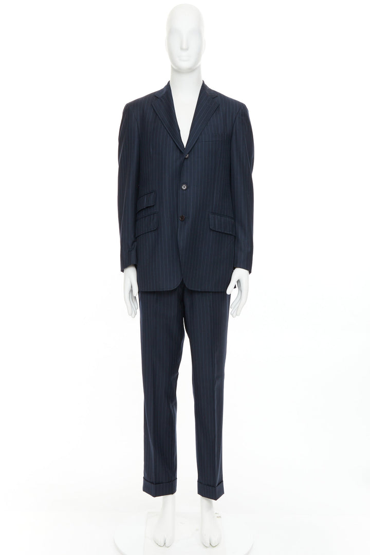 ETRO navy pinstripe 100% wool single breasted cropped blazer jacket IT50 L