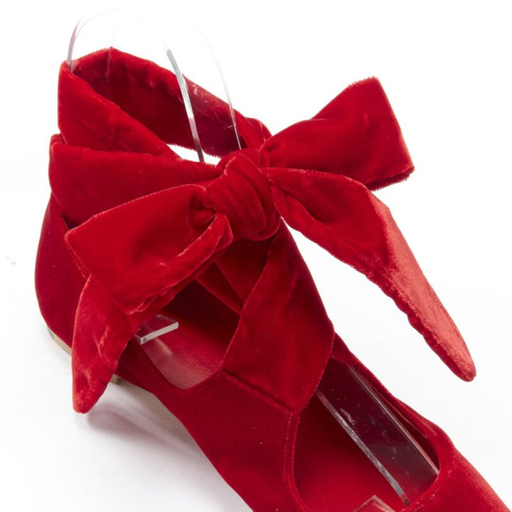 THE ROW ELodie red velvet wrap bow tie almond toe flats EU38