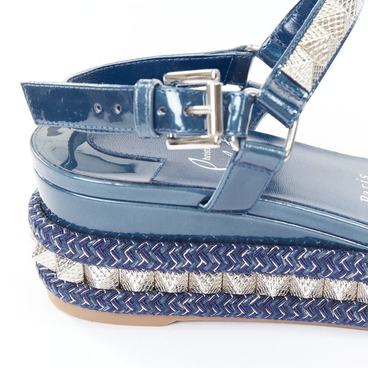 CHRISTIAN LOUBOUTIN Pyraclou 60 denim blue spikes platform wedges EU38